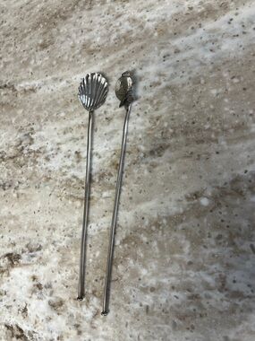 Coastal Shell & Seahorse Stainless Drink Stirring Sticks - Silver Set of 2